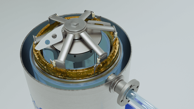 Mechanical pump or turbine with exposed rotor blades and liquid inside cylindrical body, industrial fluid processing unit